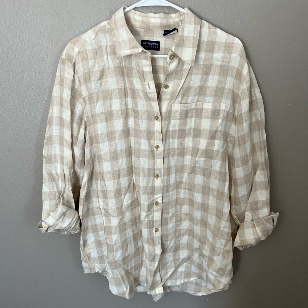 LIZ CLAIBORNE Sport Brown And White Button Up Linen Shirt Size Large lightweight
